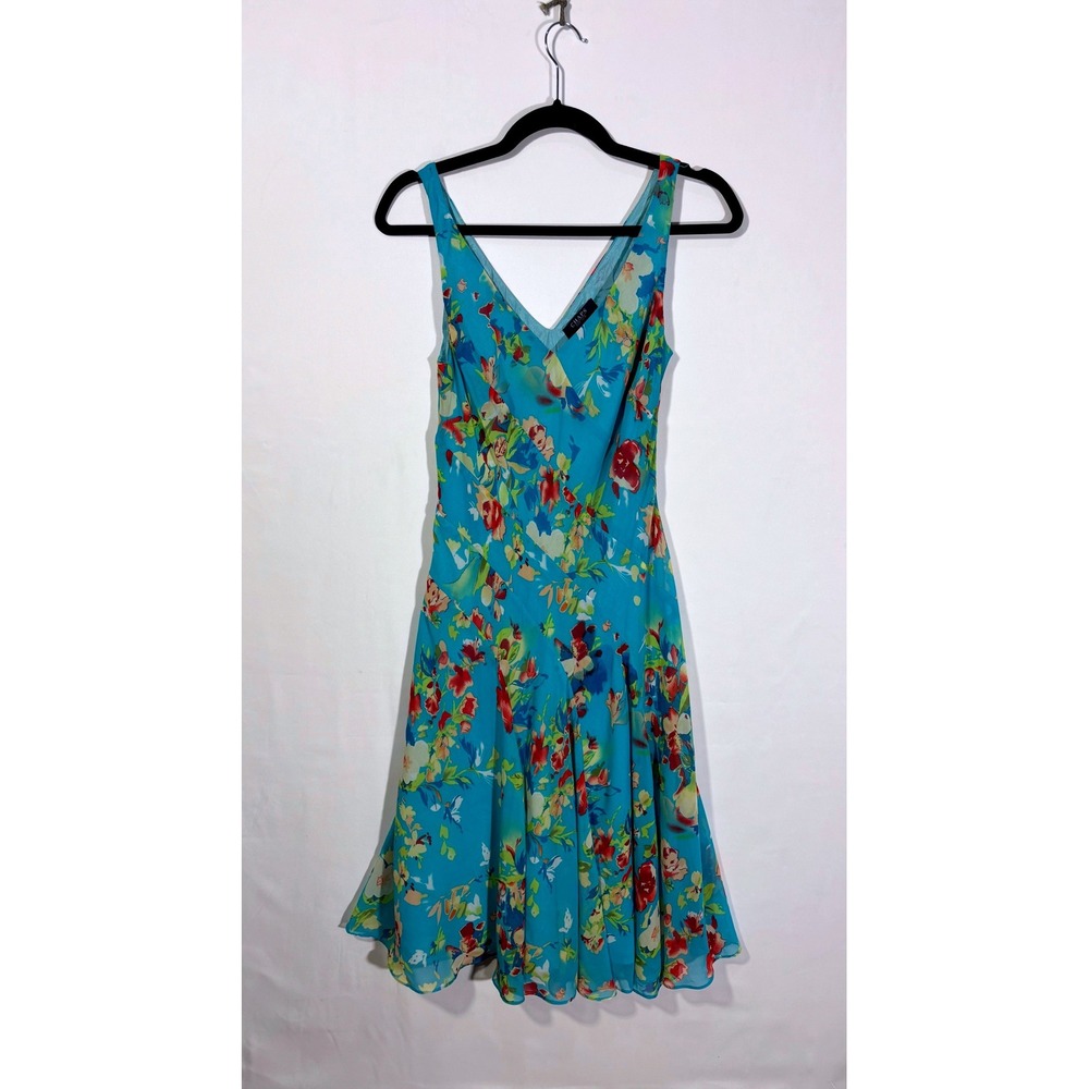Boho Chic Floral Summer Chiffon Chaps Sleeveless Dress Womens 6 Turquoise Blue